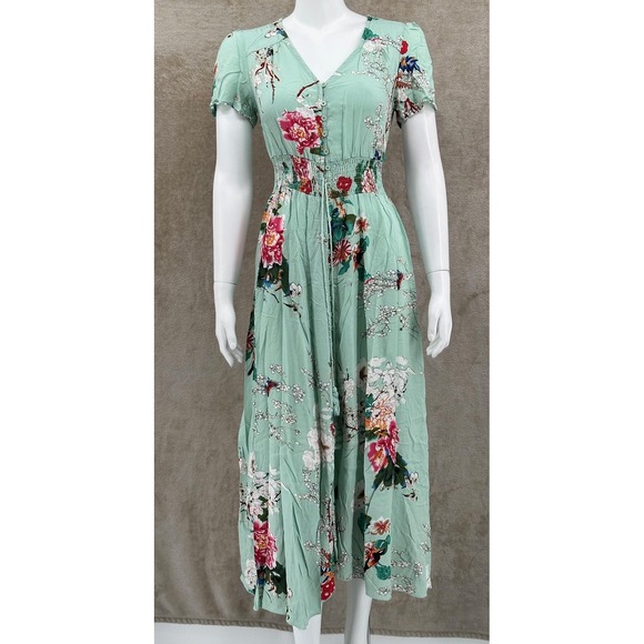 Dresses & Skirts - Dress Womens Small Green Floral Maxi Button Up Smocked Boho Summer Lightweight
